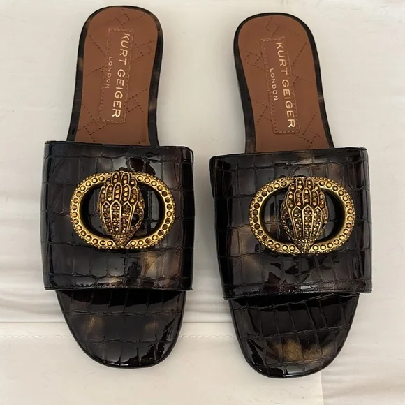 New Kurt Geiger London Chelsea Crocodile Tortoise Crystal slides gold brown 8.5 - Picture 5 of 12
